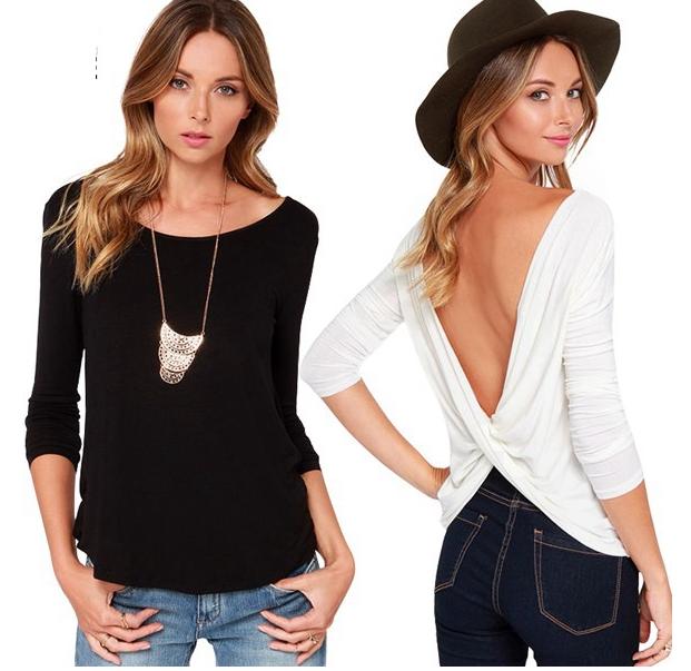 Fashion women sexy Gray black back bow O-neck backless T-shirt long Sleeve casual brand tops plus size