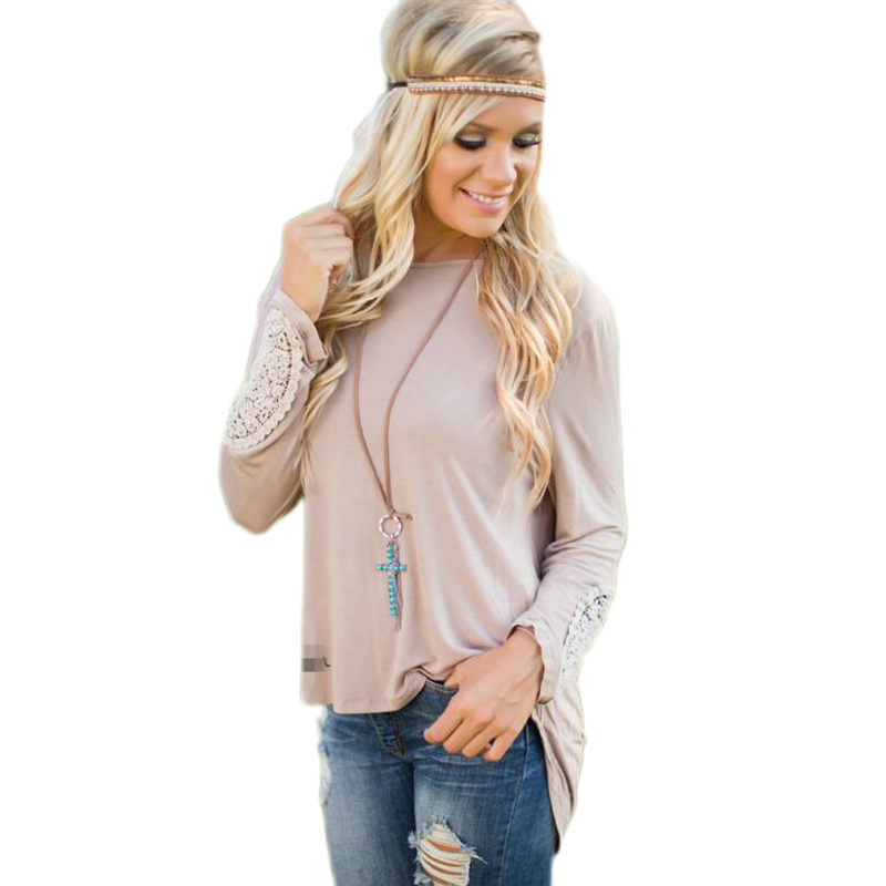 Fashion women sexy Khaki lace patchwork O-neck backless T-shirt long Sleeve casual brand tops plus size