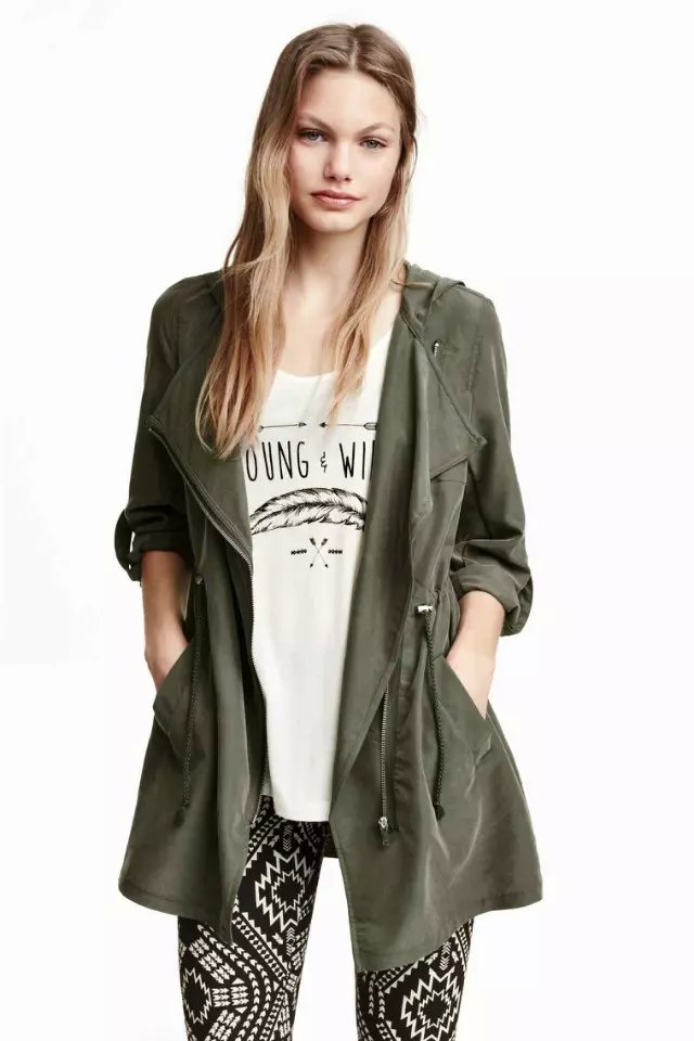 Fashion women Spring elegant Army green Pocket Zipper Drawstring trench coat hooded long sleeve Casual brand windbreaker