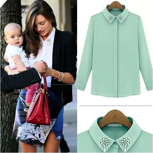 Fashion Women Spring Elegant Green beading pearl Turn-down Collar Blouse stretch Long Sleeve button office Casual shirt