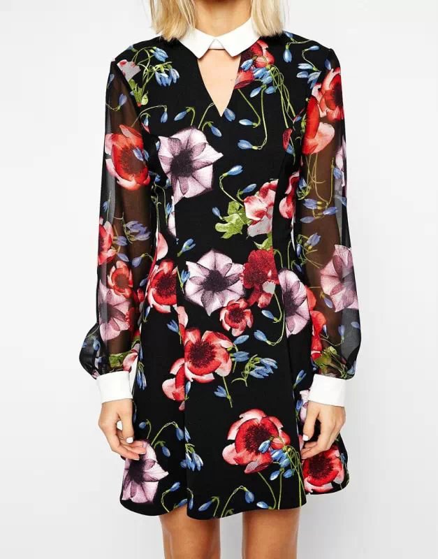 Fashion Women Spring floral print chiffon vintage long sleeve V-neck back zipper casual vestidos pleated mini dress
