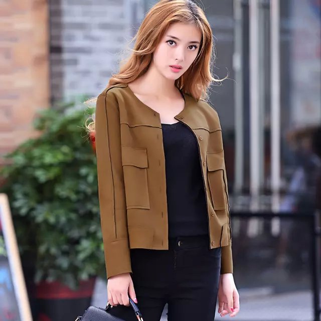 Fashion Women spring O-neck button Pocket Long sleeve brown Faux Suede Leather short jacket casual brand for female