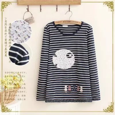 Fashion women Striped print fish cat Embroidery patchowork O-Neck cotton T-shirts casual long sleeve side open Brand