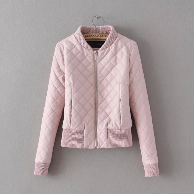 Fashion women sweet pink Faux leather short jacket coat Zipper casual stand collar jaqueta feminina Winter thick plus size