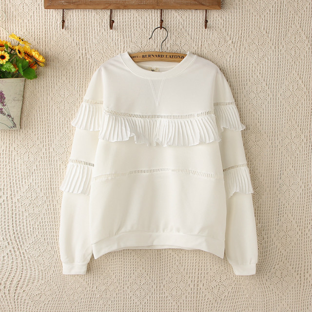 Fashion women sweet Sweatshirts white Ruffles hollow out long sleeve O-neck Pullover hoodies brand tops female