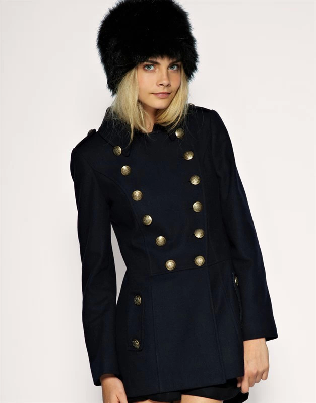 Fashion Women Vintage British Style blue Pocket Double-Breasted woolen coat turn-down collar Winter warm plus size
