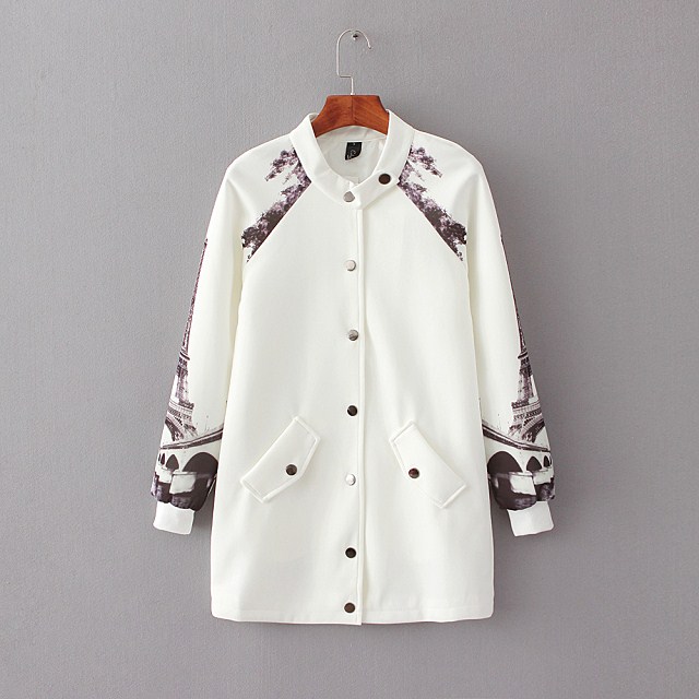 Fashion women White eiffel print coat outwear pocket button long basketball Jacket long sleeve stand collar casual brand