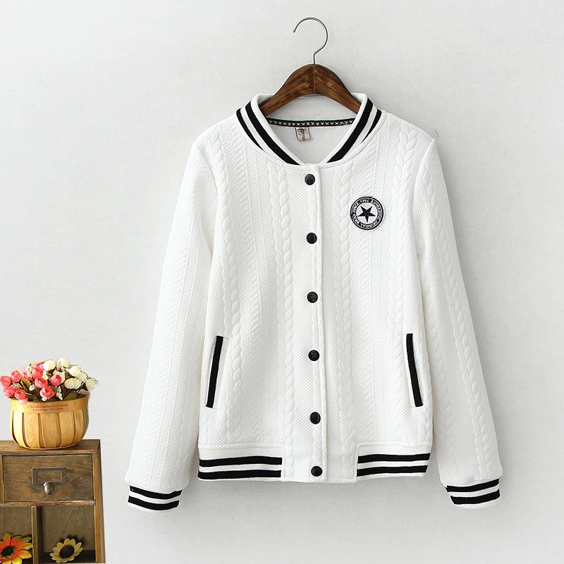 Fashion women White Embroidery Patchwork Patch Designs coat pocket button basketball Jacket stand collar casual Plus size