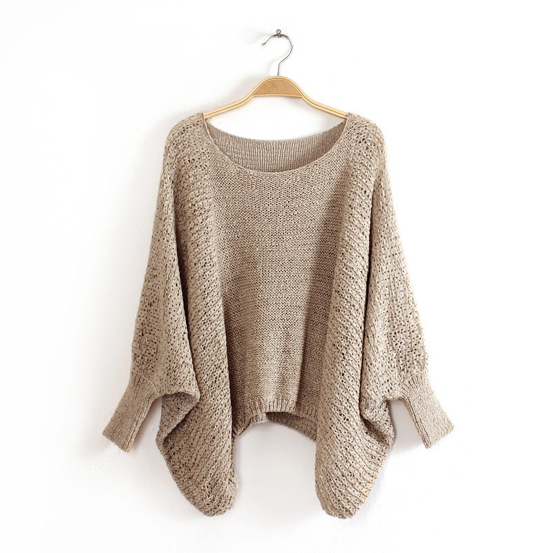 Fashion women white Khaki pullover knitwear Ripped Casual O neck Three Quarter Sleeve Batwing sleeve knitted sweater Tops