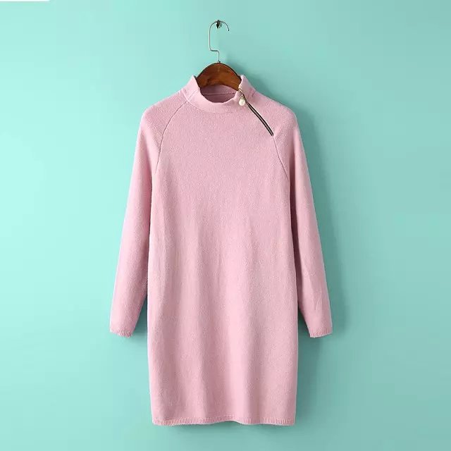 Fashion Women winter elegant pink Knitted sweater zipper pearl Turtleneck mini Dress Long Sleeve fit casual brand female