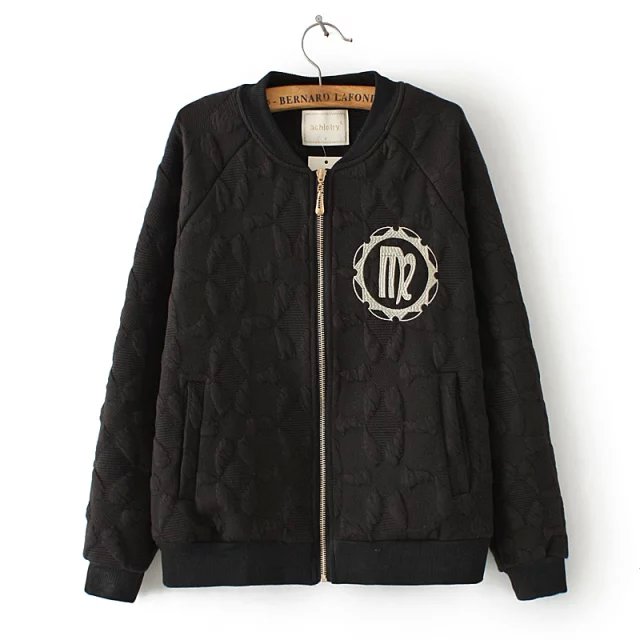 Fashion Women winter stand collar black Golden Embroidery zipper pocket basketball jacket cotton parka casual brand