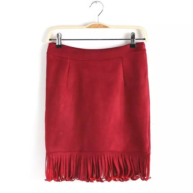 Fashion Women winter Sude Leather red zipper tassel mini Skirt High Waist sexy Saias Feminina