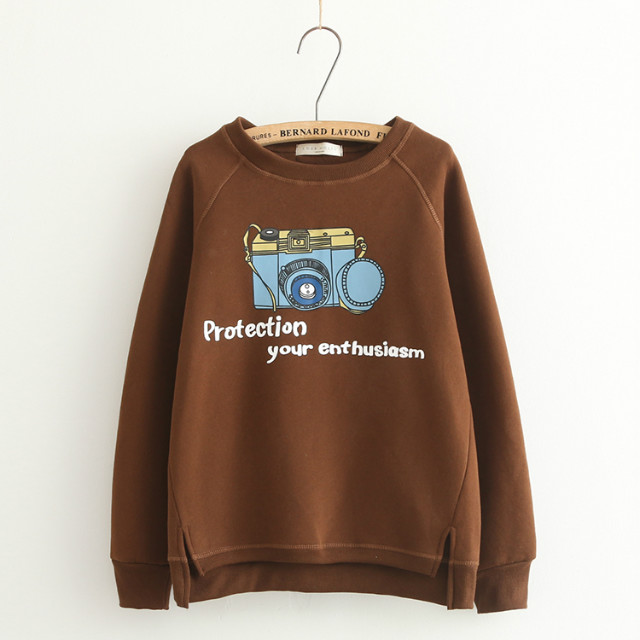 Fashion Women Winter thick brown Camera Letter print pullover side open Hoodies sweatshirt Casual O-neck long Sleeve brand