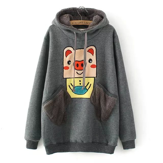 Fashion women Winter thick gray Drawstring hooded Cartoon Embroidery Pullovers pocket hoodies Sweatshirt Casual brand tops