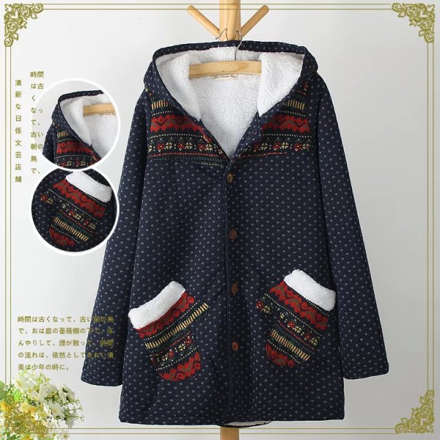 Fashion Women winter thick warm Cotton Hooded Geometric Dot print Parkas knitted patchwork gloves Pocket button Casual Coat