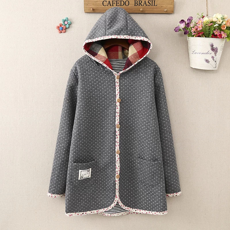Fashion Women winter thick warm gray Cotton Hooded Floral patchwork Polka Dot print Parkas Pocket button Casual brand Coat