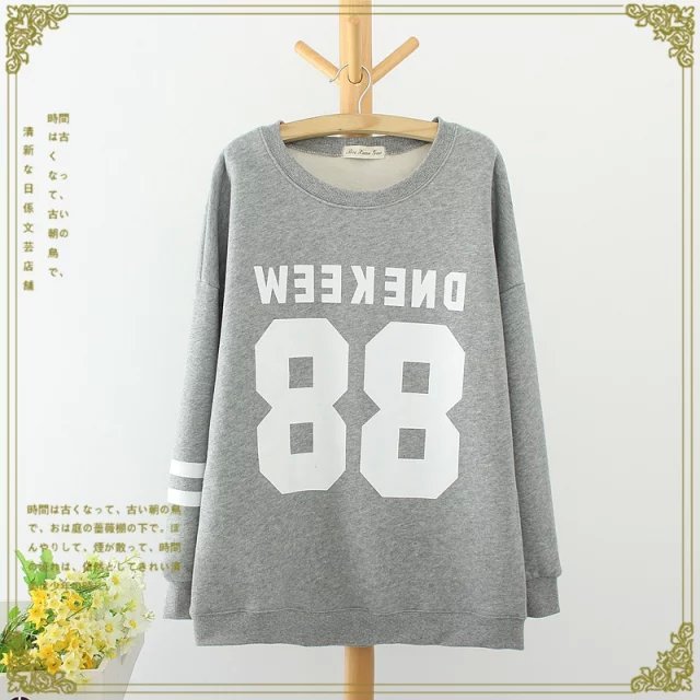 Fashion women winter thick warm gray Letter number print sport pullover Casual batwing Sleeve hoodies Loose sweatshirt