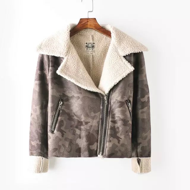 Fashion Women Winter Thick warm zipper Faux Suede Leather Camouflage print Fur turn-down collar jacket coat casual jaqueta