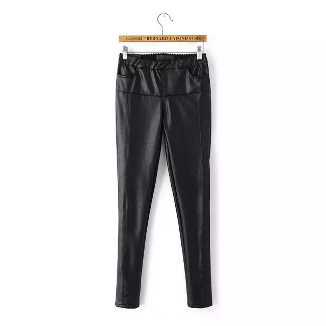 Fashion women winter warm Fleece Black sexy faux leather pant cozy Leggings trousers pocket elastic waist casual brand