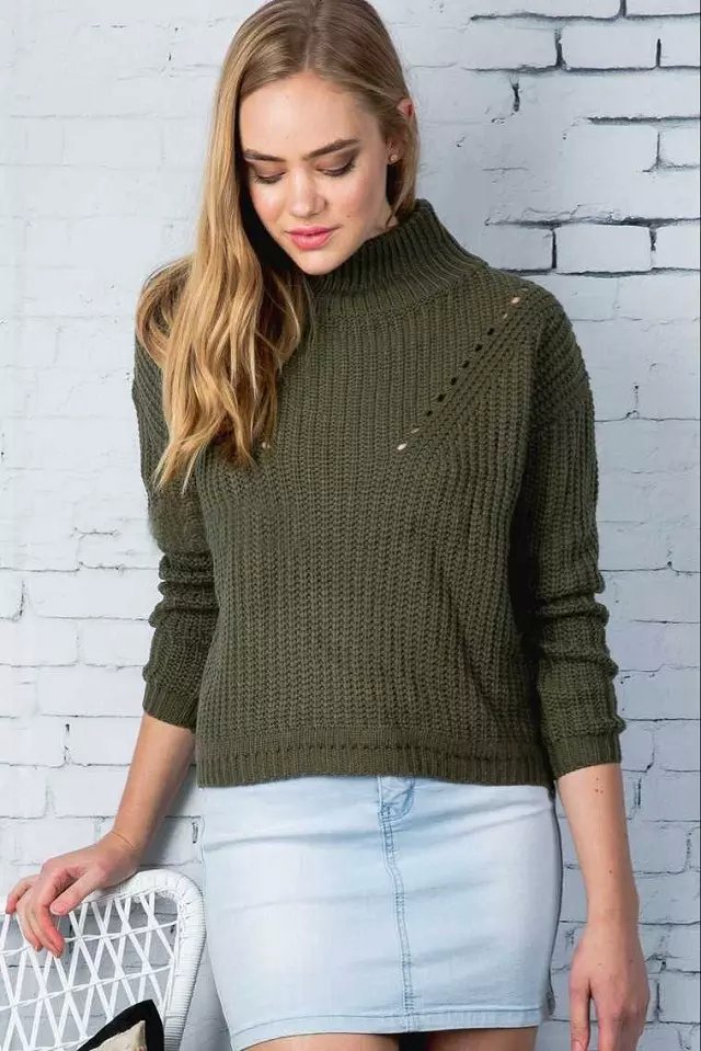 Fashion Women Winter warm green hollow out Pullover Turtleneck knitwear batwing sleeve Casual knitted sweater brand tops
