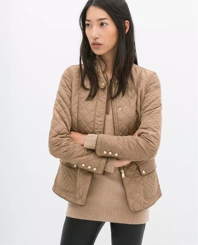 Fashion Women Winter warm Khaki cotton PU patchwork pocket parkas stand collar zipper long sleeve Casual brand coats