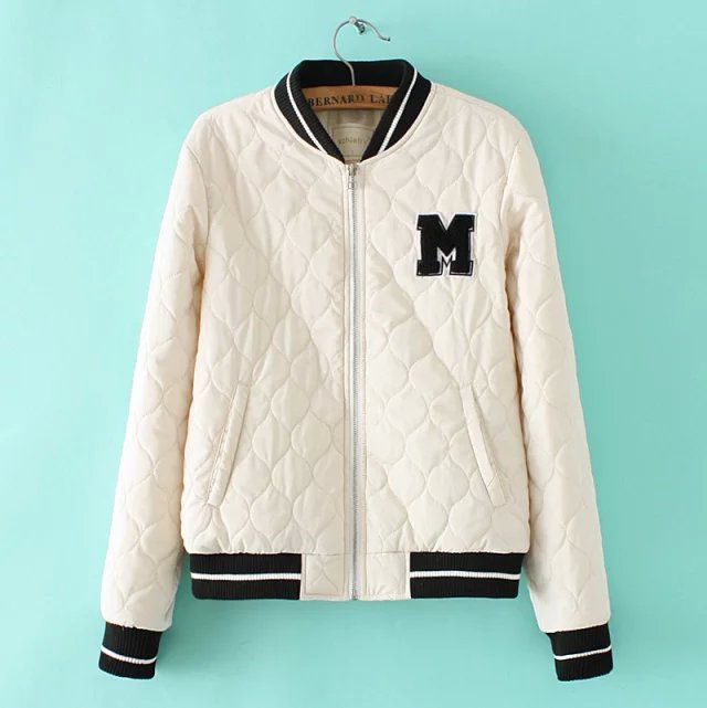 Fashion Women winter white Letter Embroidery patchwork zipper pocket basketball jacket cotton parka casual outwear coats