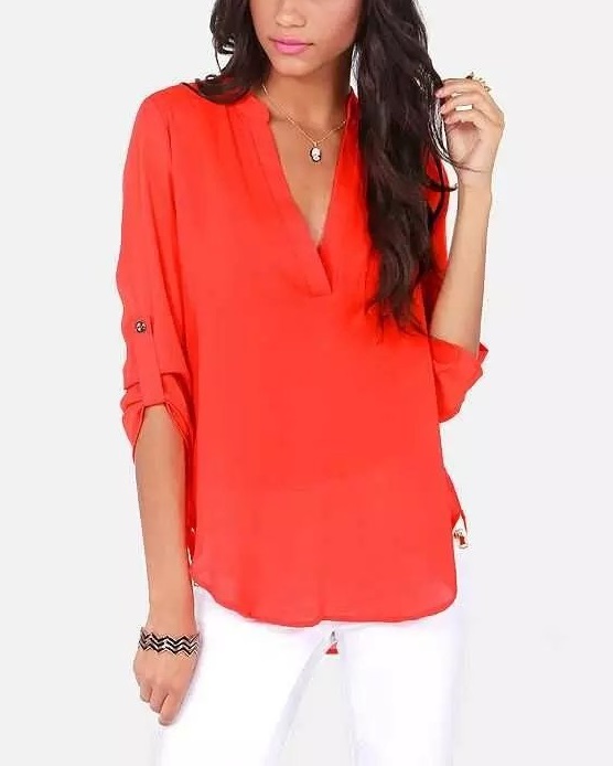 Fashion Women Work Office Brief Elegant long blouses vintage V-neck long sleeve shirts casual top