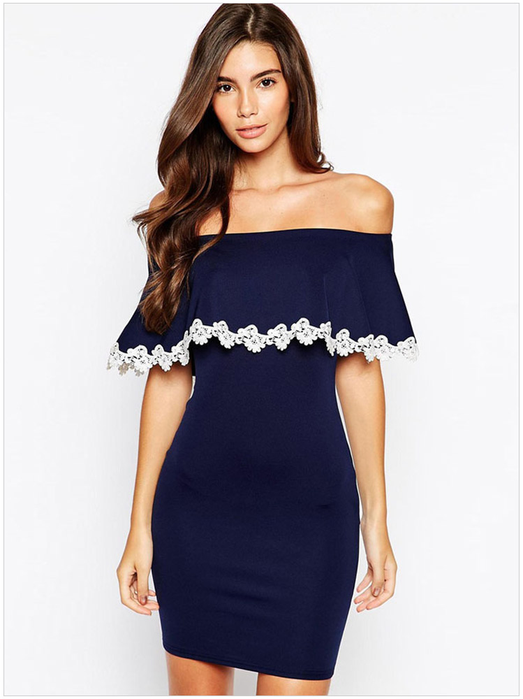 Fashion Womens Elegant Blue sexy lace Dresses slash neck sleeveless casual stretch brand mini dress