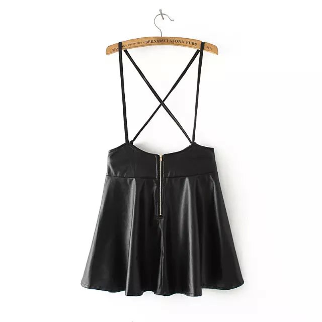 Fashion Womens Elegant strap Faux Leather Black Skirt sleeveless casual Overalls female