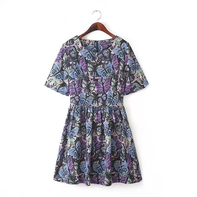 Fashion XXXL plus size Women Elegant floral Butterfly print purple pleated Dress Vintage zipper short sleeve casual dress