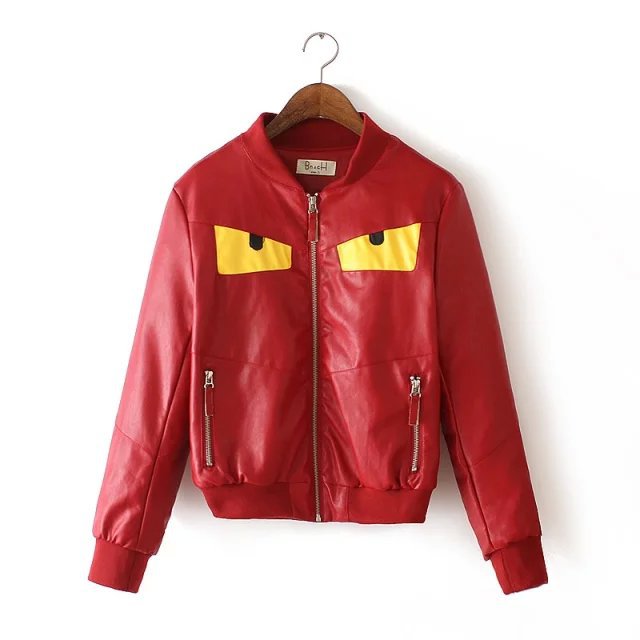 Faux leather jacket for women Fashion Autumn Cartoon Pattern Zipper Red black coat casual ladies feminina Brand
