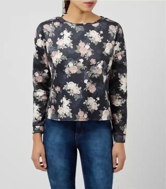 Female Sweatshirts Fashion Floral pattern black O Neck sport Pullover knitwear long sleeve Casual brand women vogue