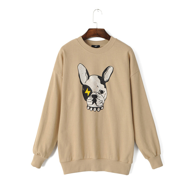 Female Sweatshirts Fashion punk sport dog pattern Khaki Pullover knitwear long sleeve Casual brand women vogue