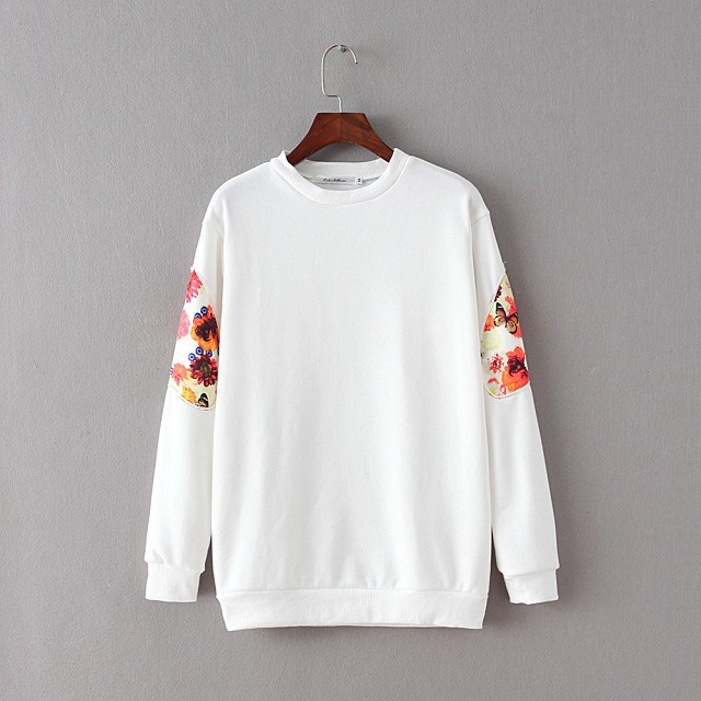 Female Sweatshirts Floral Pattern Patch long sleeve O neck White Pullover sport Autumn brand women vogue