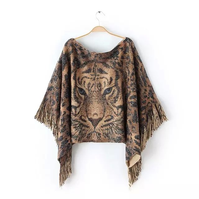 Knitted Sweaters for Women Fashion European style tiger Pattern O-neck Pullovers Tassel Batwing Sleeve Casual Cloak brand