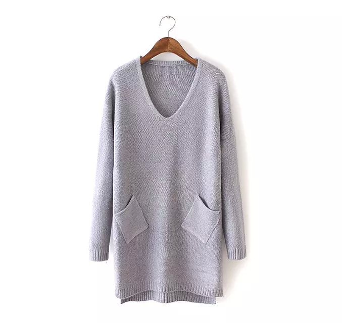 Knitting long Sweaters for women Autumn fashion Double pocket pullovers V Neck casual loose long Sleeve Brand Tops