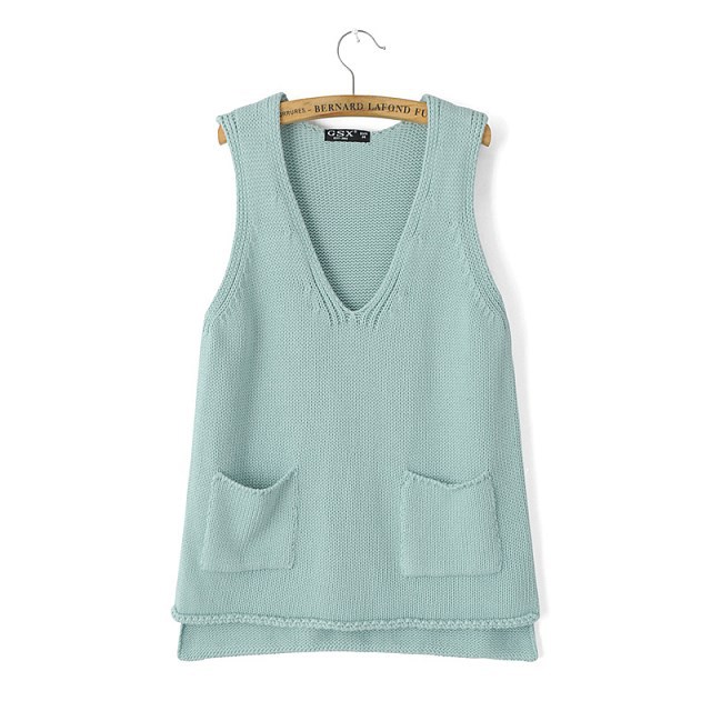 Knitting vest sweaters for women Autumn Double Pocket Pullover V Neck Sleeveless Casual knitted brand top