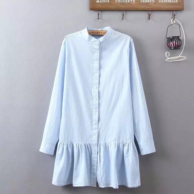 Korean style Autumn Fashion Women Blue striped print button mini pleated Shirt Dress stand collar long sleeve casual brand
