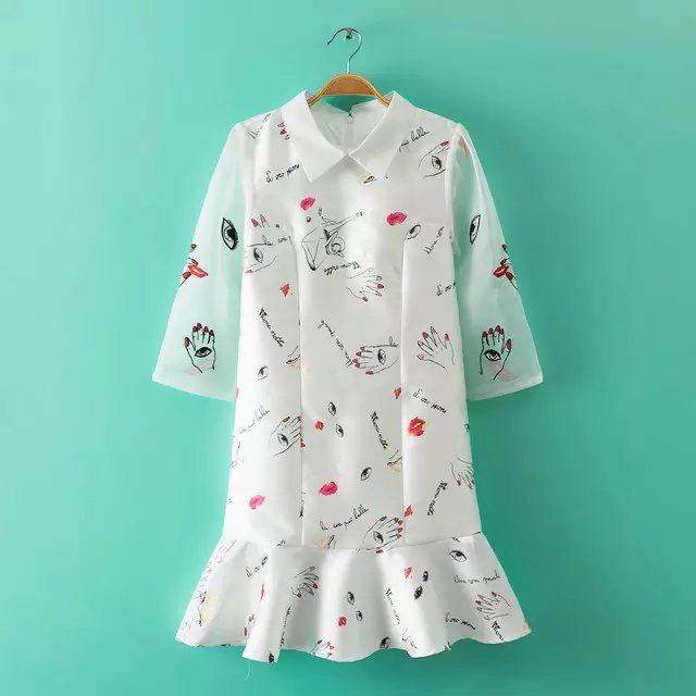 Korean style Dress for women Fashion cartoon print Embroidery Patchwork peter pan collar Ruffles causal vestidos