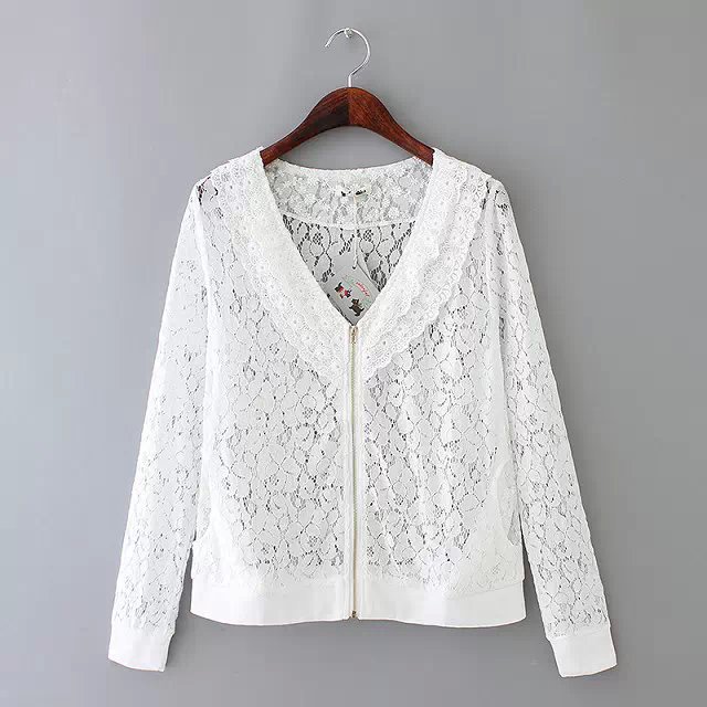 Korean style thin jacket for Women outwear Floral lace hollow out Zipper peter pan collar shirts female summer