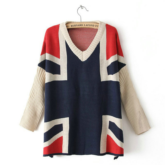 New arrival Fashion Womens' Sweet navy and Red Batwing Sleeve UK Flag Pattern Loose Sweater