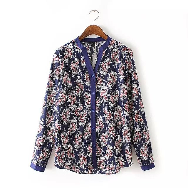 New Autumn Fashion Women Cotton vintage Floral Print Casual purple blouse Long Sleeve V neck Buttons brand tops