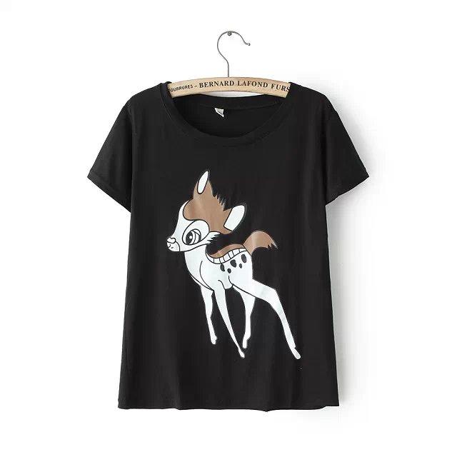 New Fashion Ladie deer print black cotton T-shirt for women O-neck short sleeve shirts casual fit brand tops