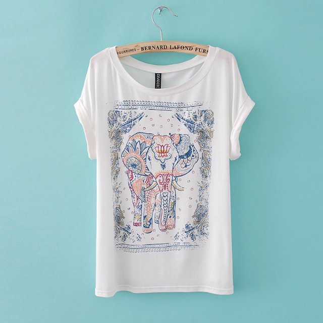 New Fashion Women Cotton white Elegant Elephant Print T-shirt O-neck short Sleeve Casual brand Tops