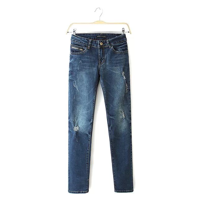 New Fashion Women Elegant Ripped Blue Denim jeans trousers zipper pockets plus size Casual brand design pants