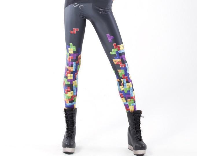 Sexy Leggings for Women Fashion Autumn Elegant Tetris Print Elastic Waist Sport black Pants Trousers Brand Female