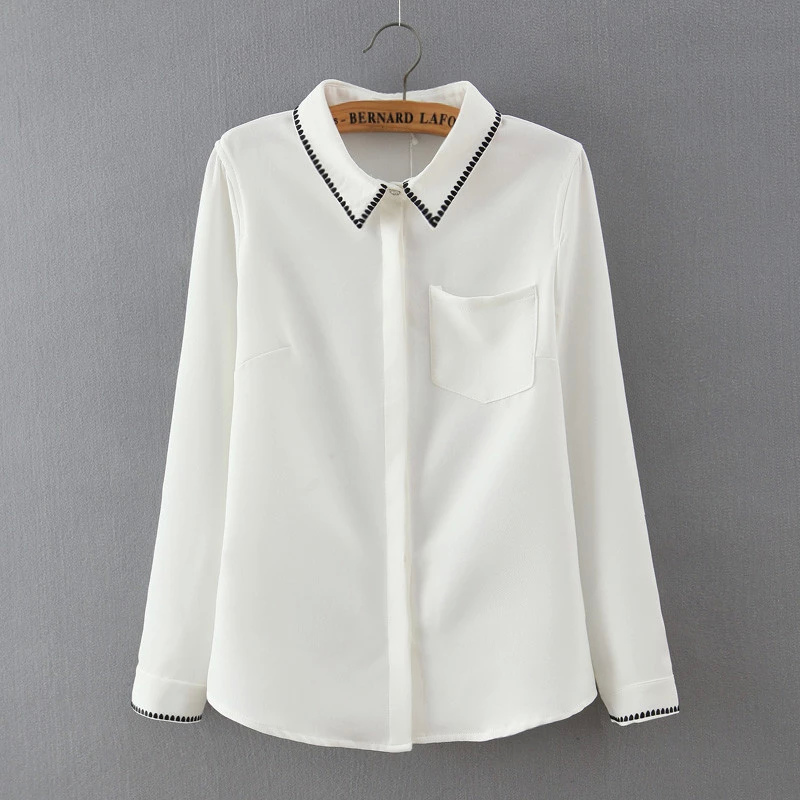 Spring Fashion female elegant Embroidery white blouse for women peter pan collar pocket long sleeve casual brand shirt