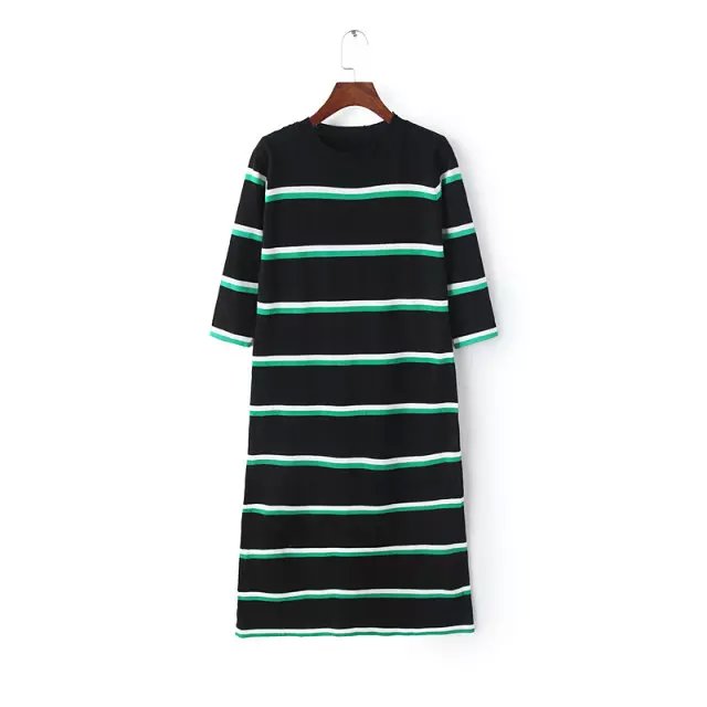 Spring Fashion women elegant black striped pattern knitted fit stretch Mid-Calf Dress Three Quarter sleeve casual brand