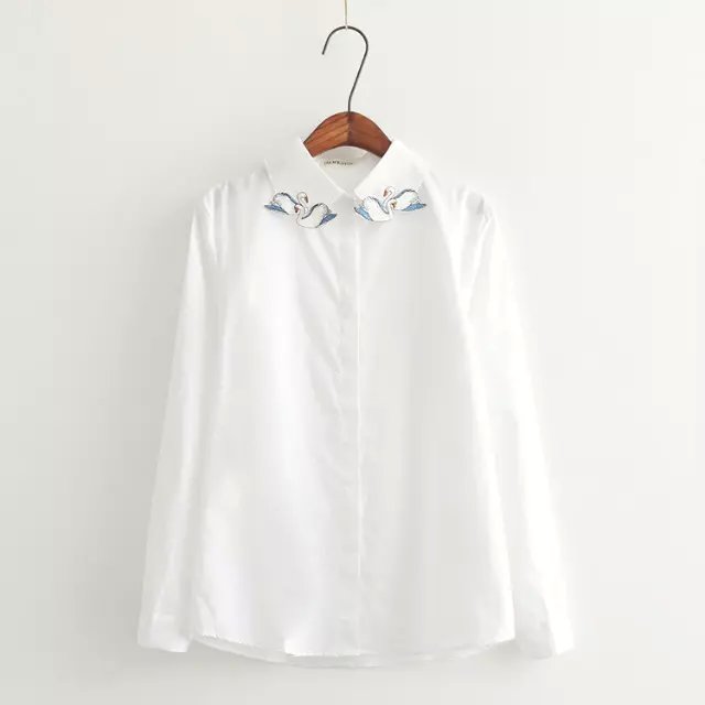 Spring fashion women Swan Embroidery turn-down collar white blouse shirt OL work vintage long sleeve button blusa feminina