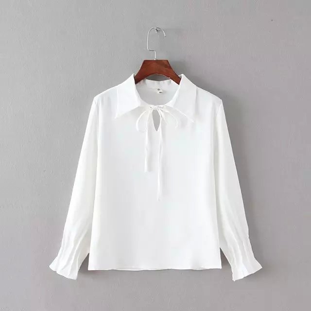 Spring Fashion women sweet bow drawstring white blouse Vintage 60S peter pan collar casual long sleeve causal brand